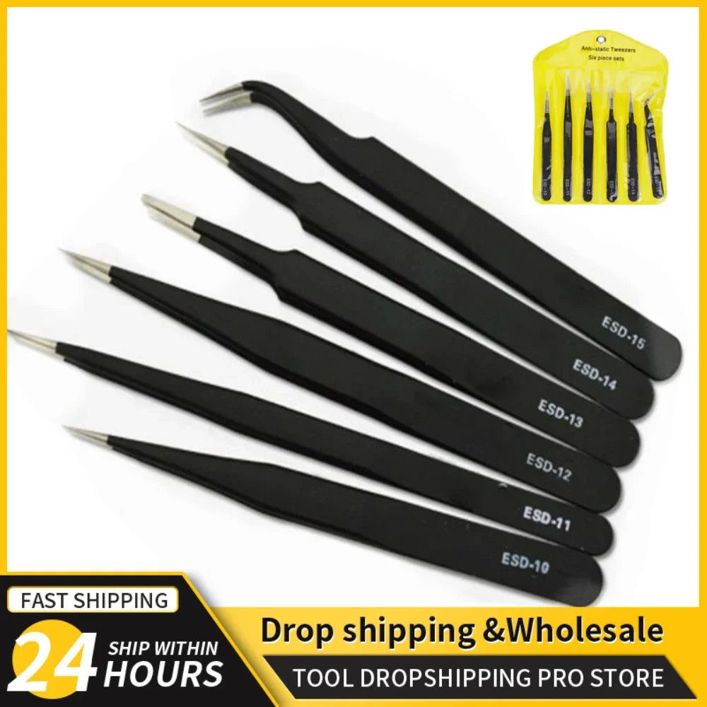 2/6pcs Precision Tweezers Set ESD Anti-Static Stainless Steel Tweezers Repair Tools for Electronics Repair Soldering Cra