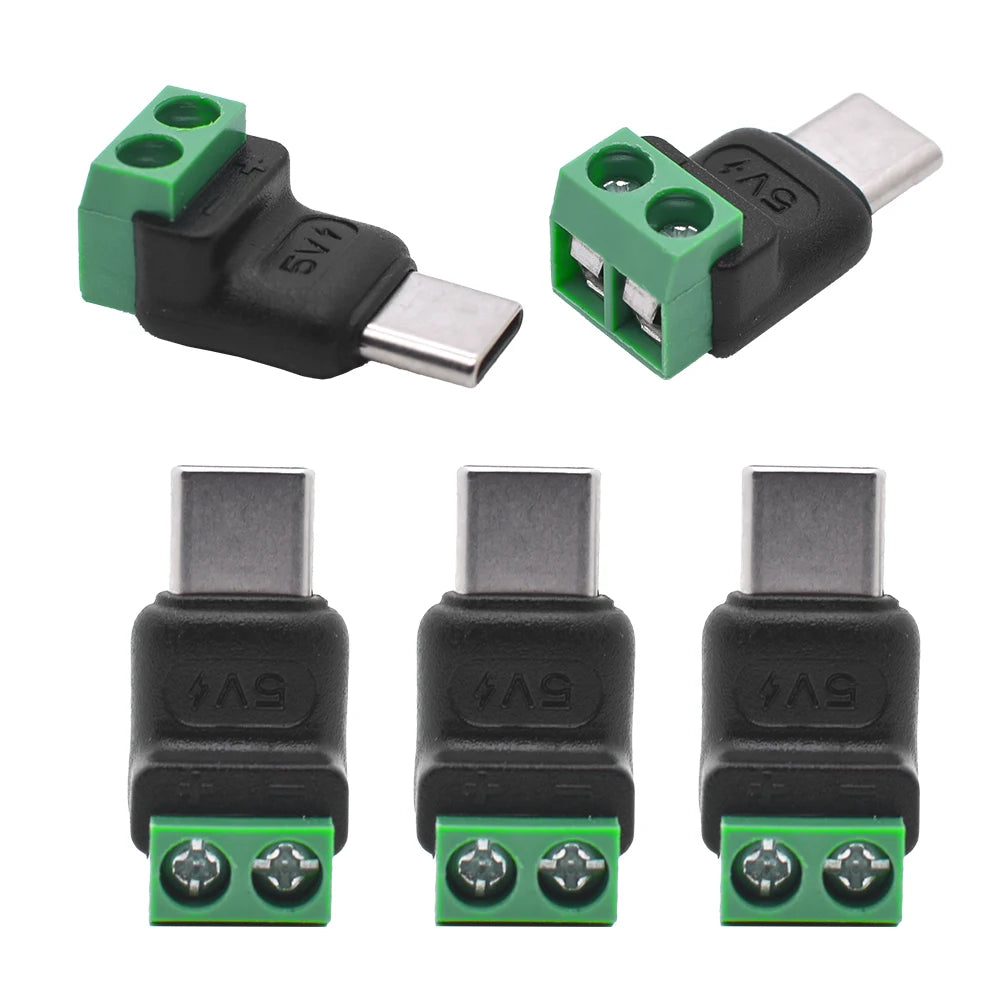 5PCS Type C to 2 Pin Adapter - No Solder Quick Connect Green Terminal for Charging Cable (Phones, Power Bank) DIY Electr