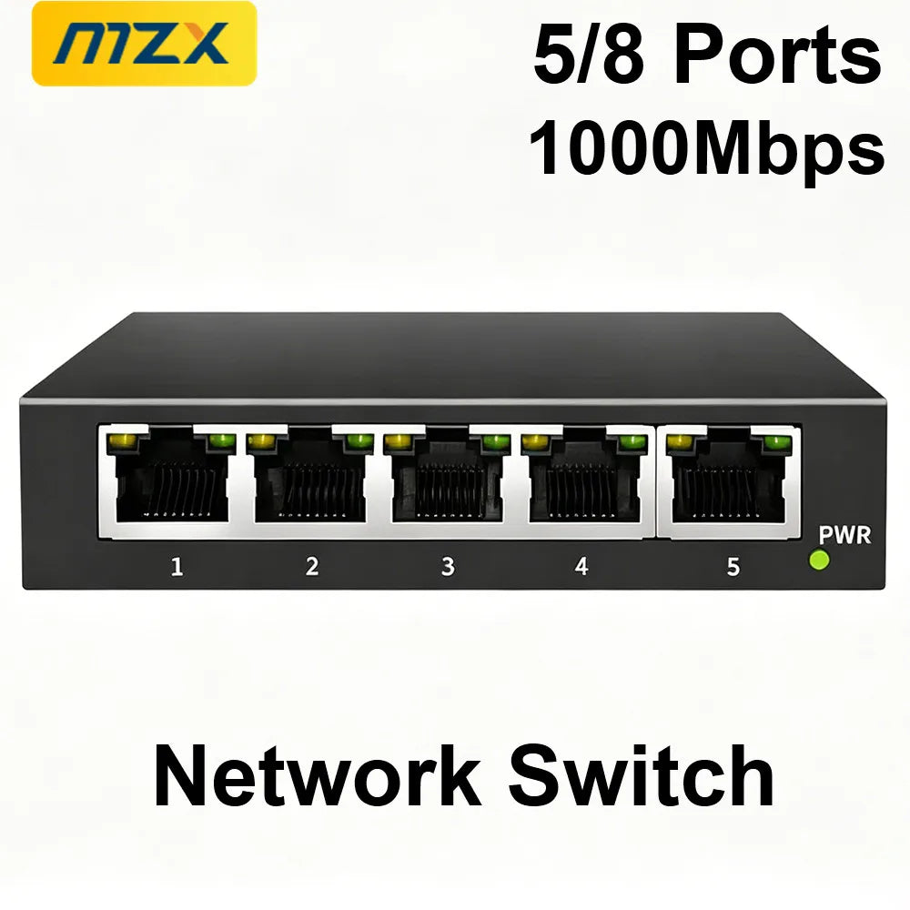 MZX Gigabit Network Switch 5 8 Ports 1000Mbps Networking Switcher RJ45 Hub Ethernet Stable Smart Internet Laptop PC Acce