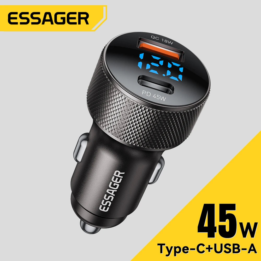Essager USB C Car Charger 45W 2 Ports PD3.0 QC3.0 Digital Display Car Phone Charger For iPhone 16 15 Xiaomi Huawei Samsu