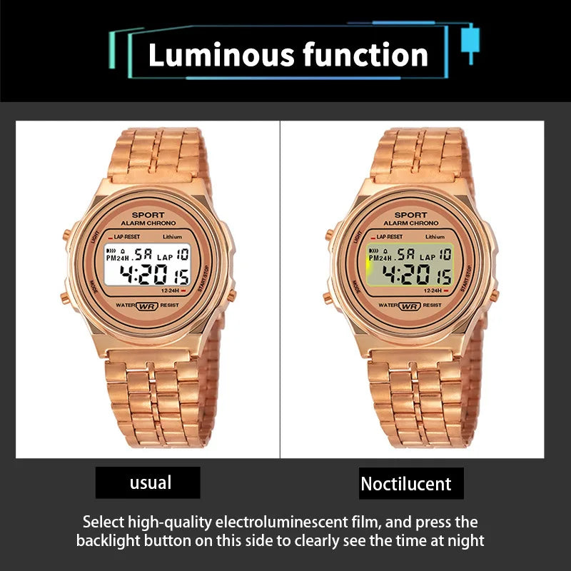 Casual Ladies LED Electronic Watch Vintage Steel Strap Gold Plated Women Watches Business Folding Sports Wristwatch Cloc