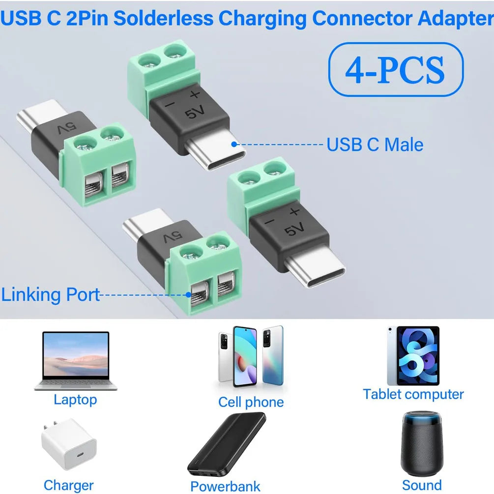 5PCS TypeC to 2 Pin Adapter No Solder Quick Connect Green Terminal for Charging Cable Phone Power Bank DIY Electronics C