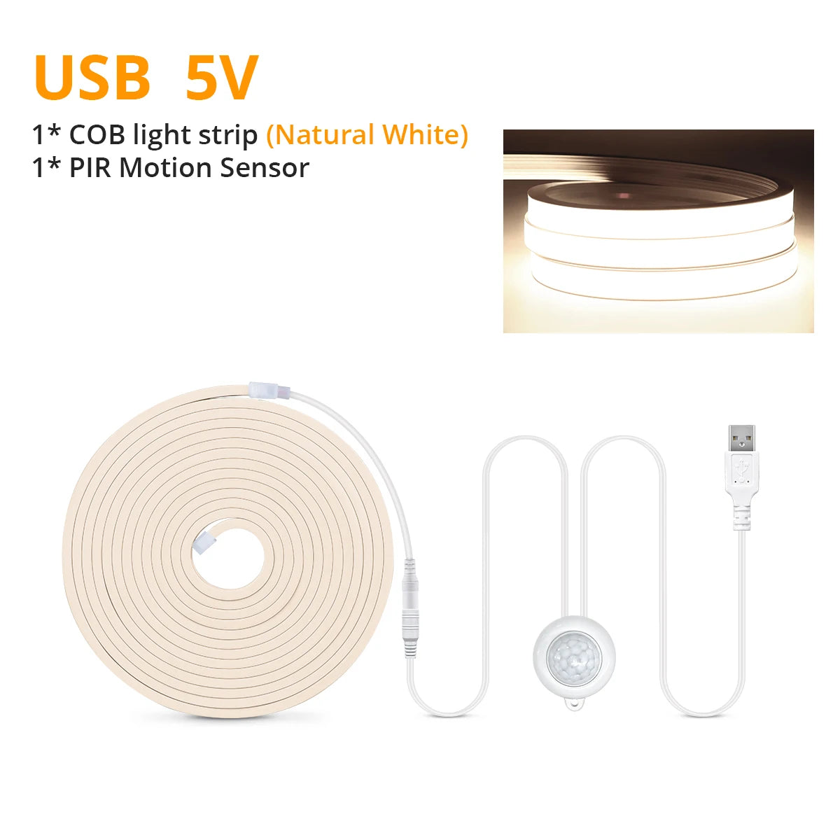 Smart PIR Motion Sensor Super Bright COB LED Strip Neon Light Auto ON/OFF 320leds/m Waterproof for Kitchen,Stair,Wardrob