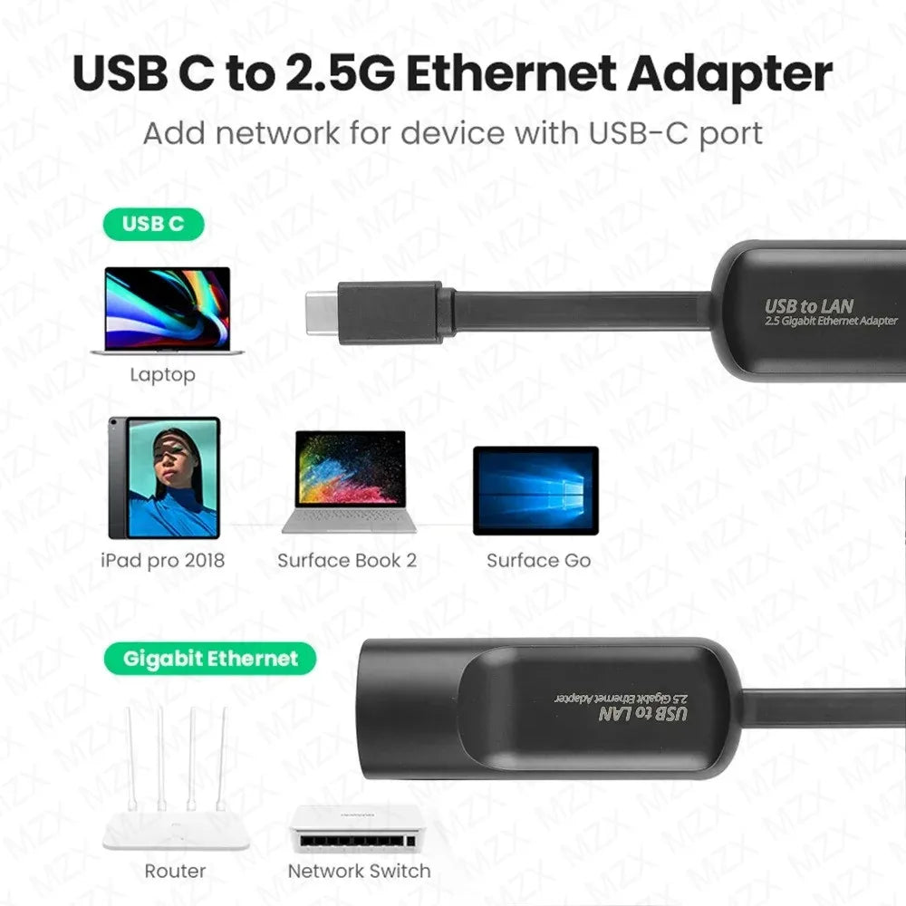 MZX 2500Mbps/1000Mbps Network Card USB 3.0 Type C to RJ45 Gigabit Ethernet Adapter Lan Wired Converter PC Laptop Accesso