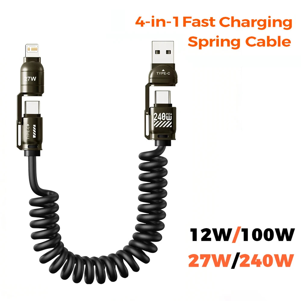 240W Fast Charging 4-in-1 Spring Car Data Cable Compatible with CarPlay for iPhone Samsung Huawei Xiaomi iPad USB C Char