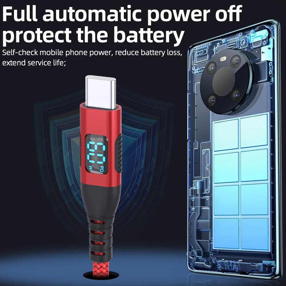 HOMEFISH LED Digital Display Dual Head Type-C Super Fast Charger 100W 6A Compatible with Huawei Xiaomi Phone PD Charging
