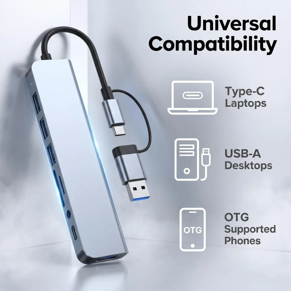 8 in 2 Type C USB HUB Docking Station with 3.5mm Audio Jack for Micro SD Card Reader MacBook Laptop Tablet Phone Disk Co
