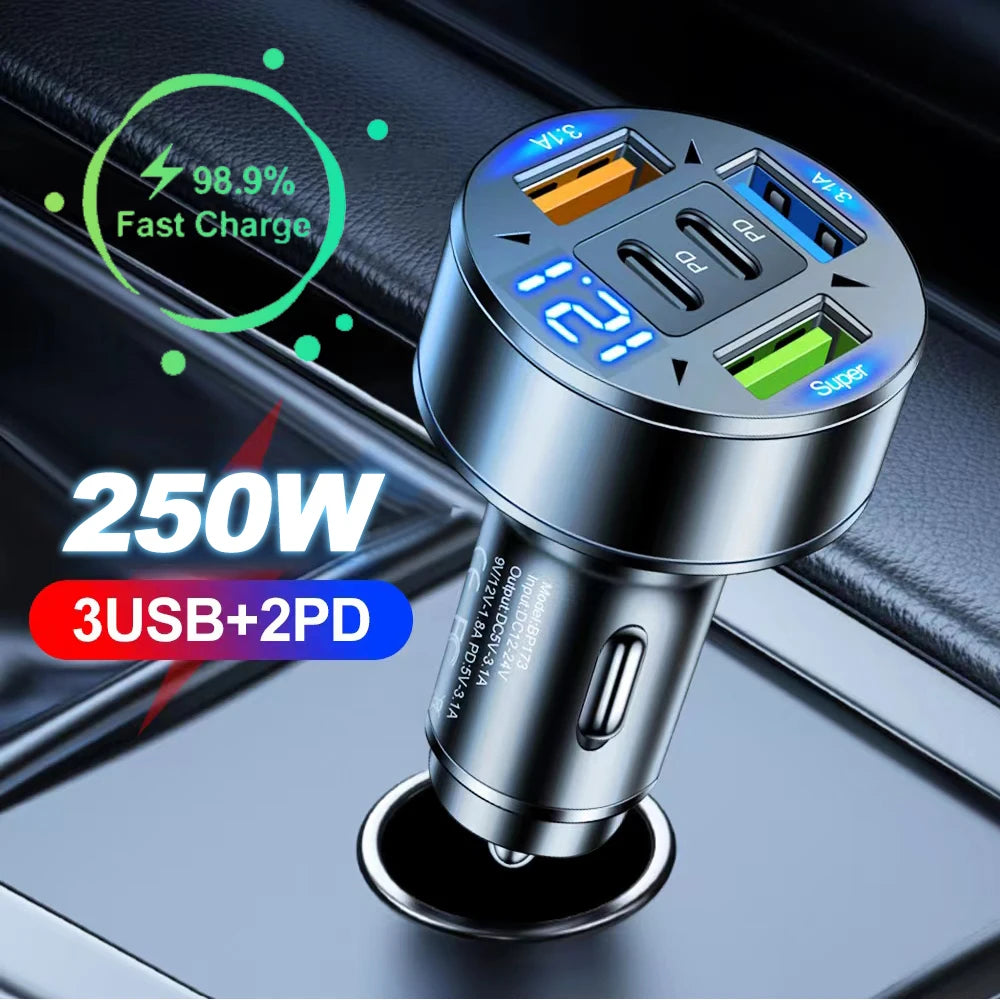 250W 5 Ports Car Charger Fast Charging PD QC3.0 USB C Car Phone Charger Adapter With Voltage For iPhone Samsung Huawei X