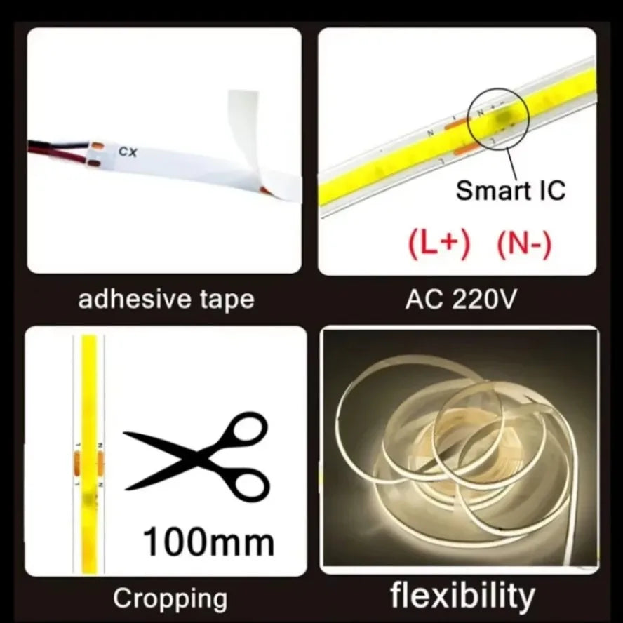 220V Flexible Tape Lights Dimmable COB LED Strip Light Smart IC No Need Driver High Bright 240LEDs/m Linear Lighting RA9