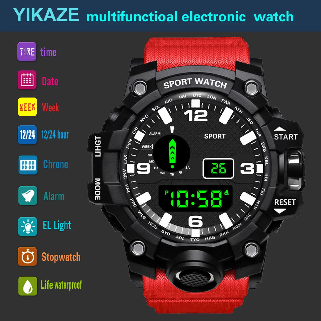 YIKAZE Sports Watch Men's LED Digital Watches Multifunction Military Clock Big Dial Waterproof Fitness Electronic Watch 