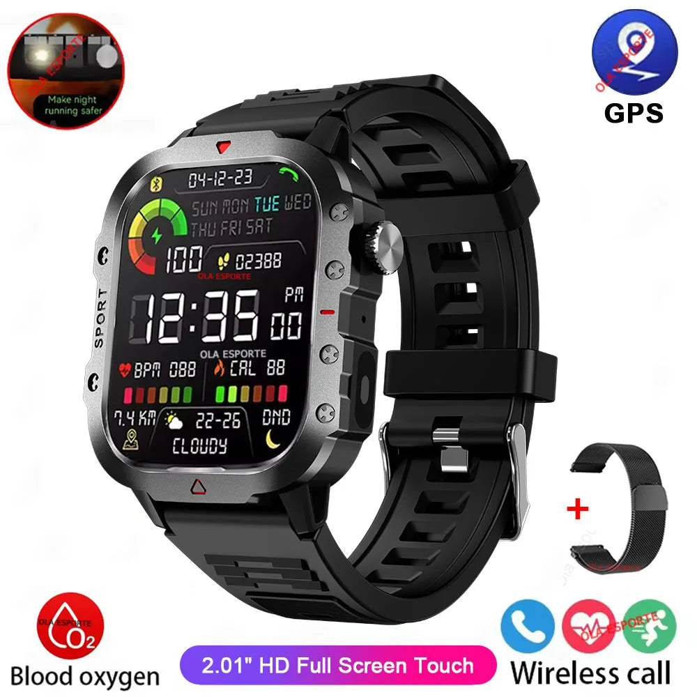 2026 Rugged Military Smart Watch Men's Outdoor Watch LED Flashlight 2.01'' HD Touch Screen Voice Bluetooth Call Smartwat