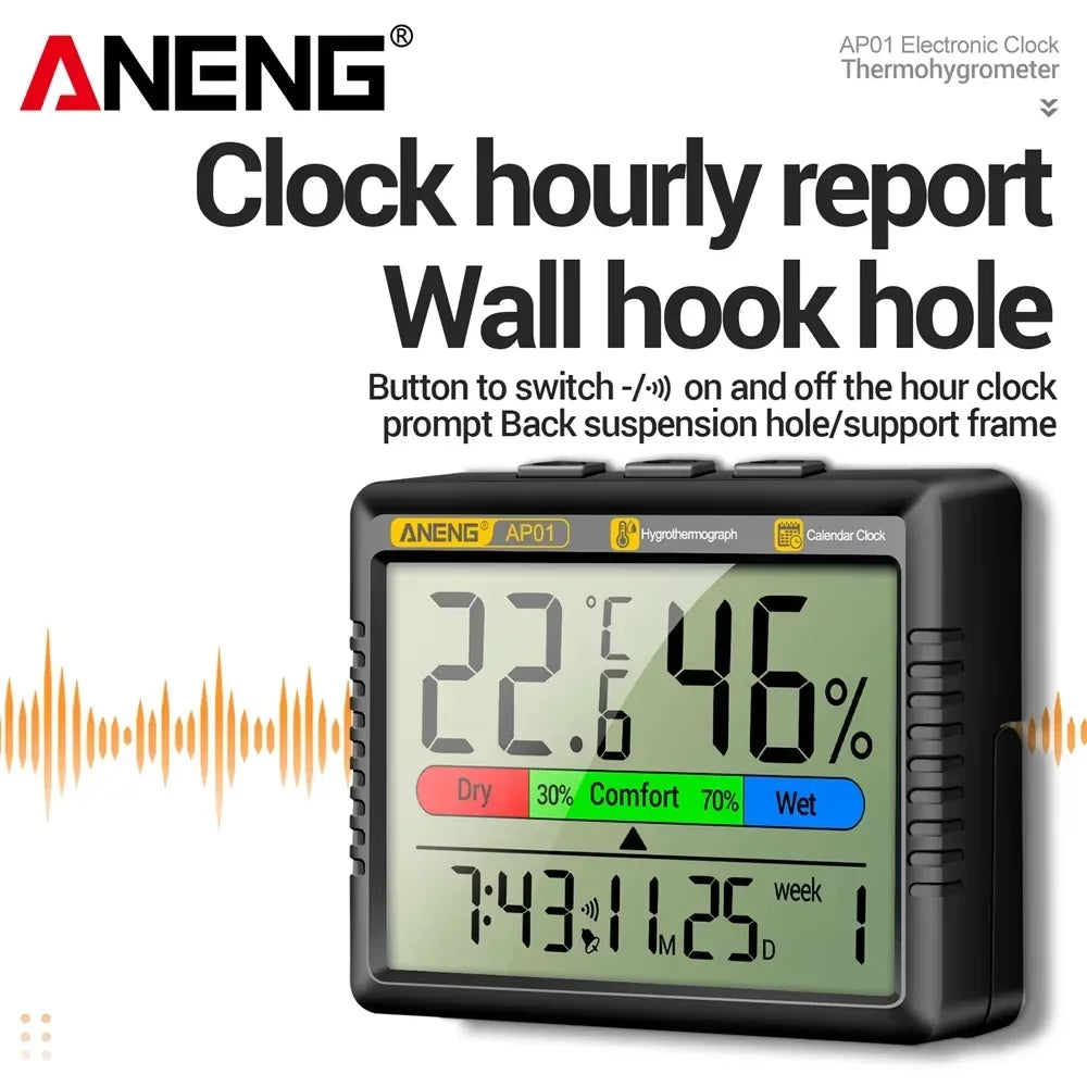 Thermometer Hygrometer Clock Cute Indoor Temperature Humidity Air Alarm Clock Calendar Week Display ANENG AP01 for Home 