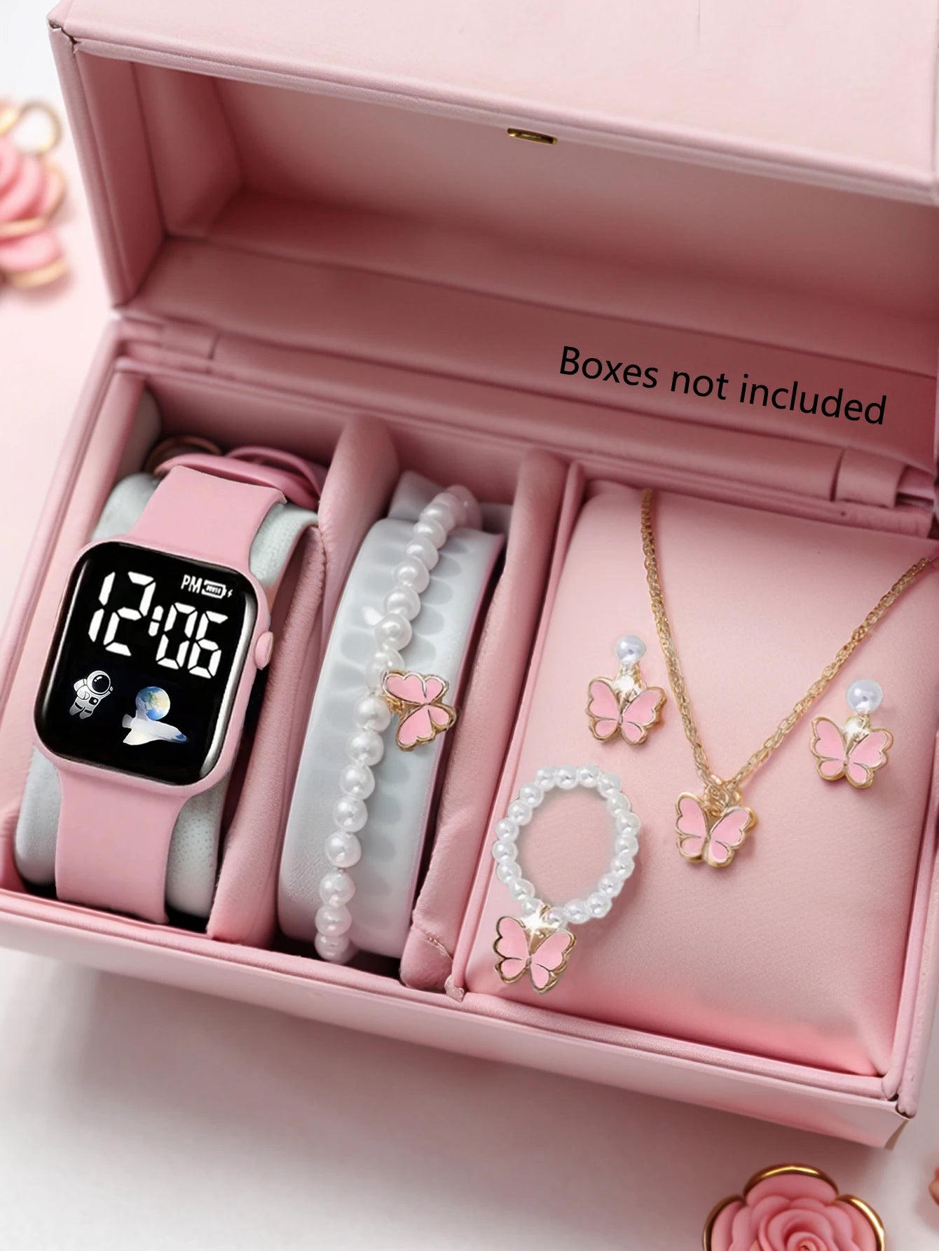 Square Electronic Watch Set with Beaded Butterfly Design and Spaceship Pattern Non-smartwatch Birthday Gift Without Box