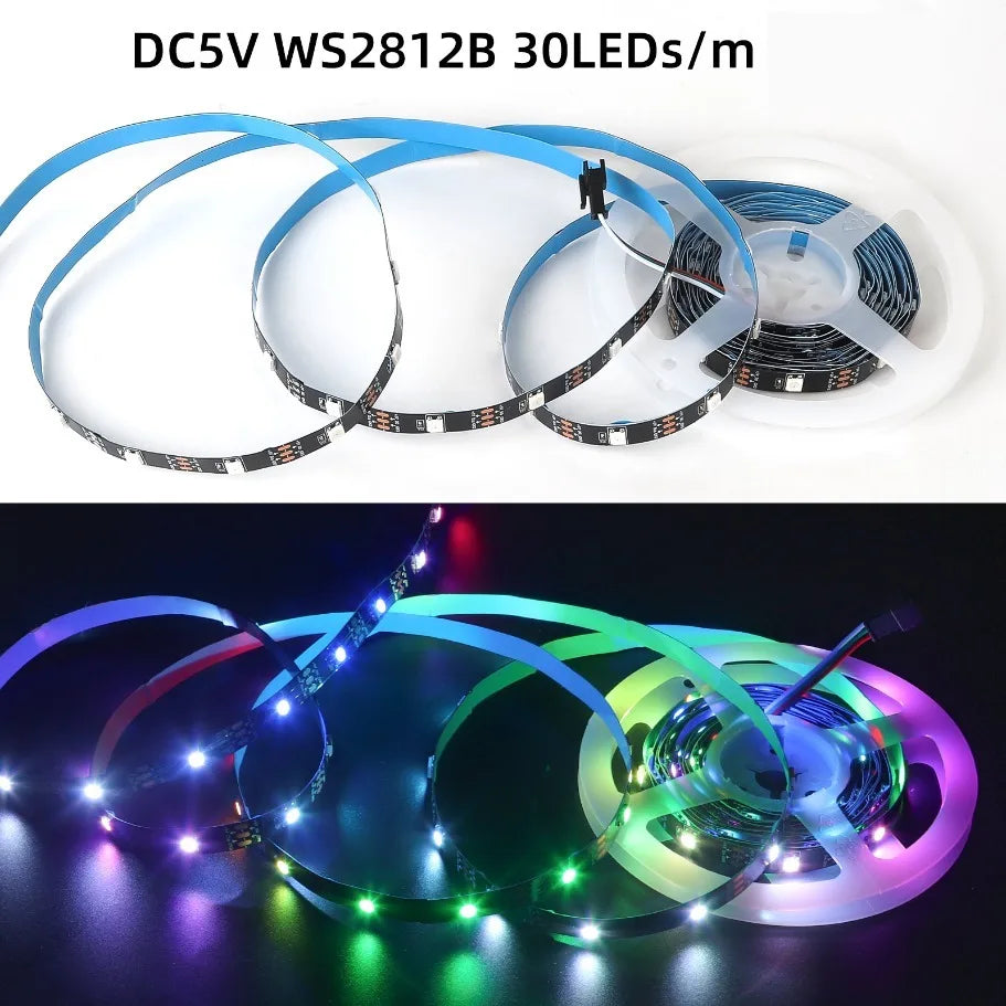 WS2812B 5050 RGBIC Smart LED Strip WS2812 Individually Addressable IC 30/60/144Pixels/Leds/m Light DC5V Black IP30/67 Wa