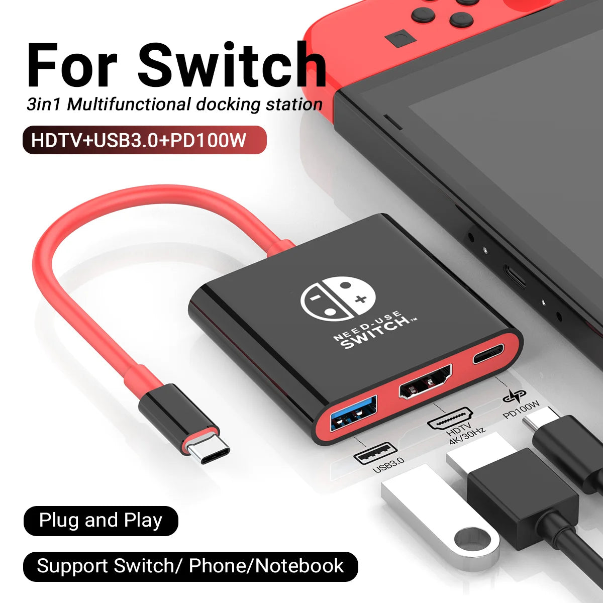 3 In 1 USB C HUB Type C to HDMI 4K with PD 100W Fast Charging USB 3.0 Docking Station for Switch MacBook Laptop Computer