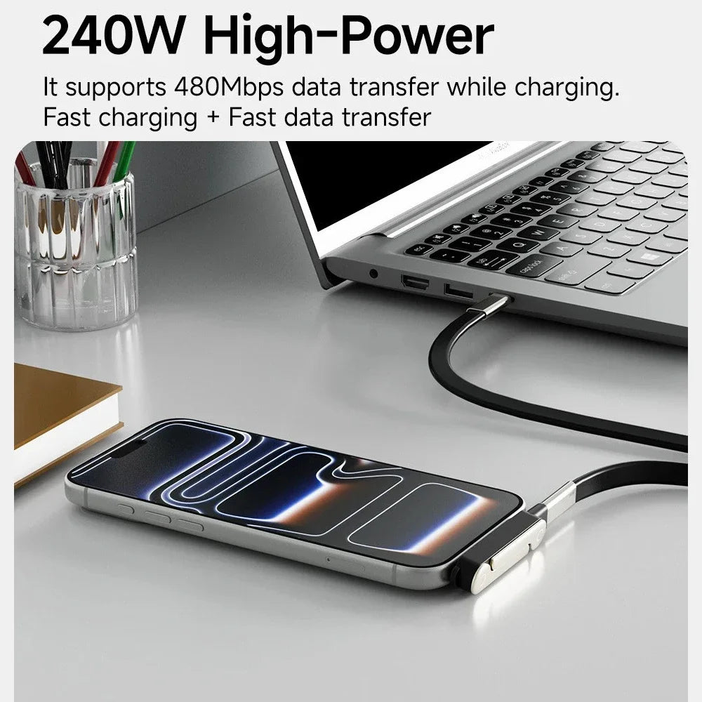 USB Type C Flat Charger Charging Cable C Kick Cable Stand With Invisible Support Foldable Phone Holder 240W Charge Wire 
