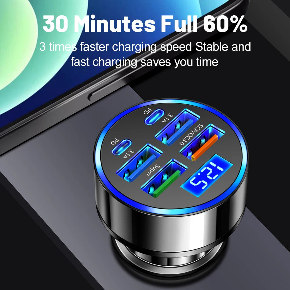 USB Car Charger 6 Ports Type C Fast Charging QC3.0 USB Car Phone Charger Power Adapter in Car For iPhone Samsung Huawei 