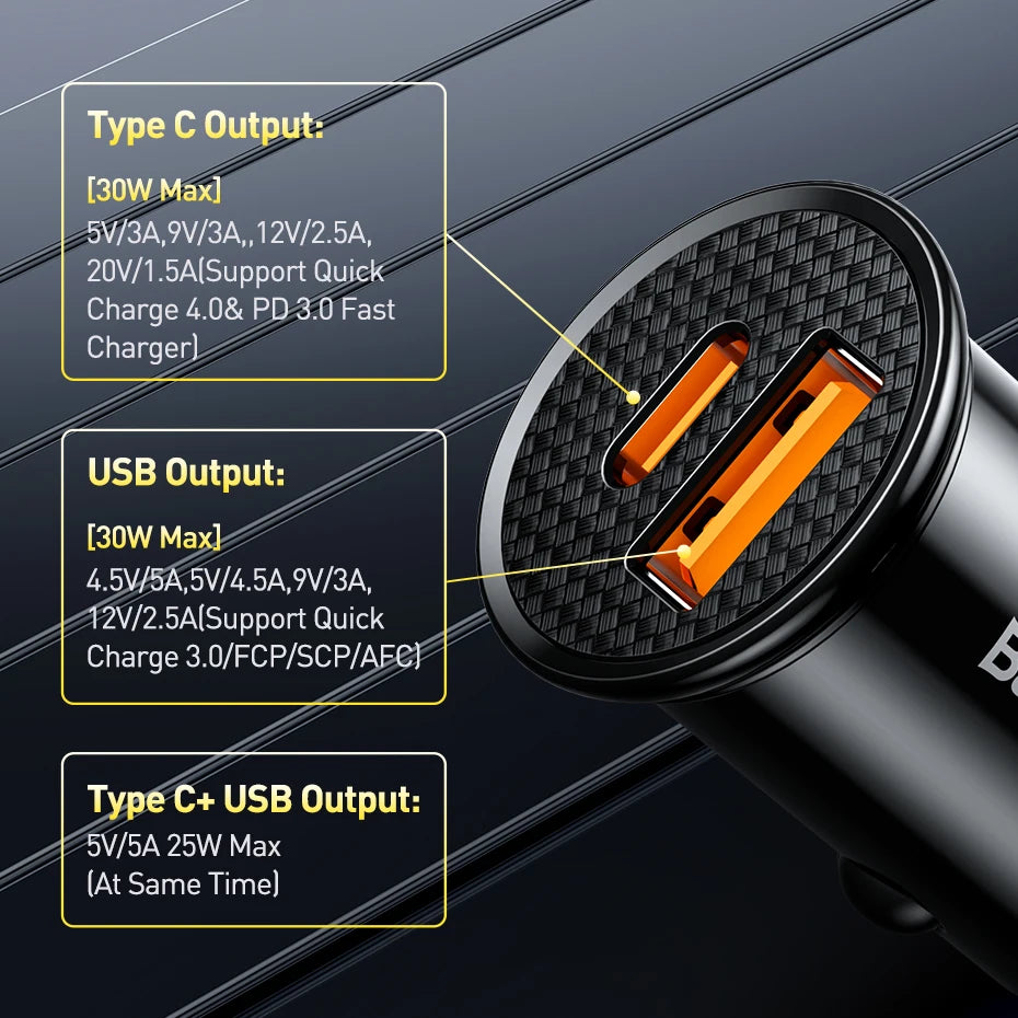 Baseus 30W Car Fast Charger Quick Charge 4.0 3.0 USB Type-C Fast Charging Car Phone Charger For Huawei Xiaomi iPhone 15 