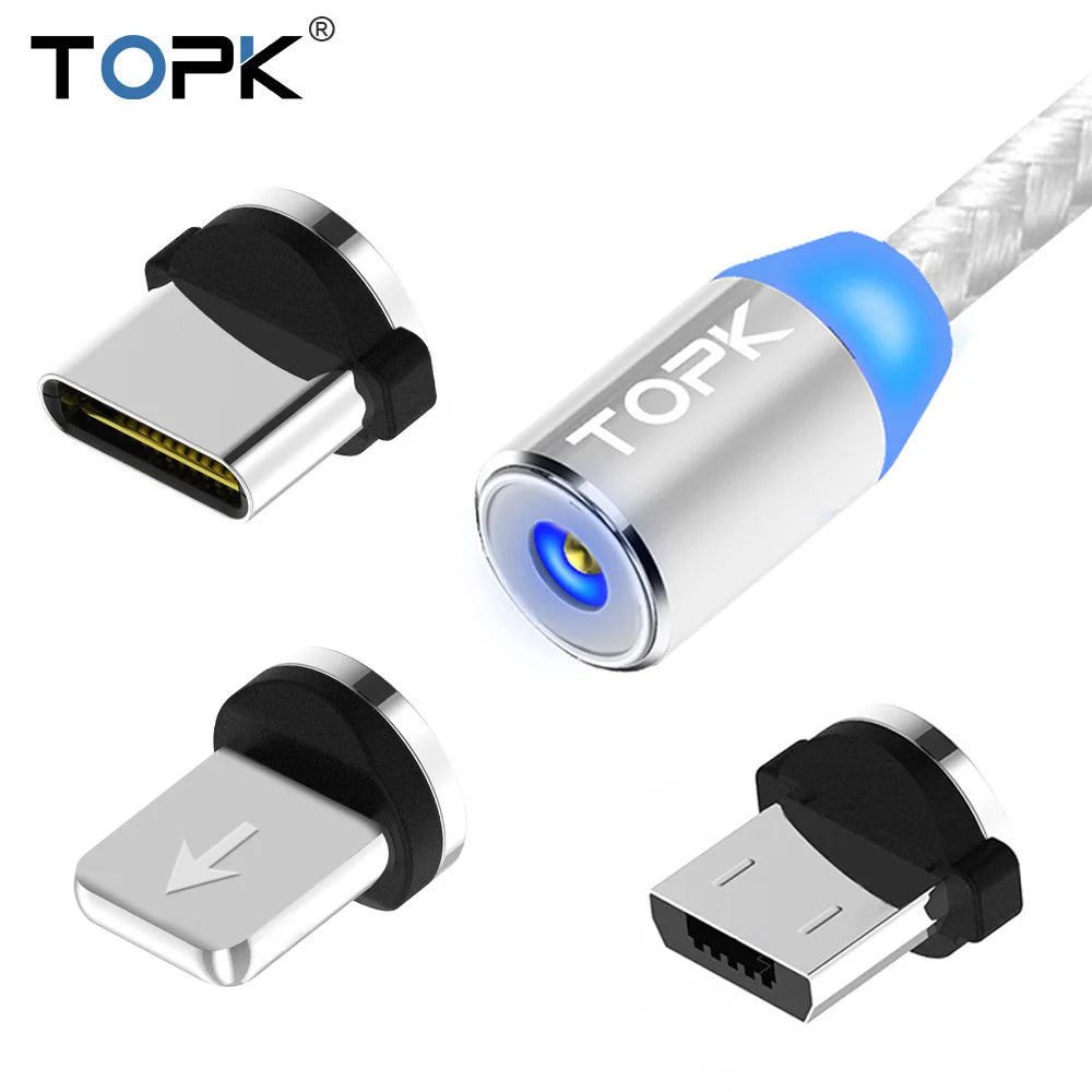 Magnetic Charging Cable 3 IN 1 TOPK 360 Degree Rotating Magnetic Phone Charger Cable Nylon Braided Magnetic Micro USB C 